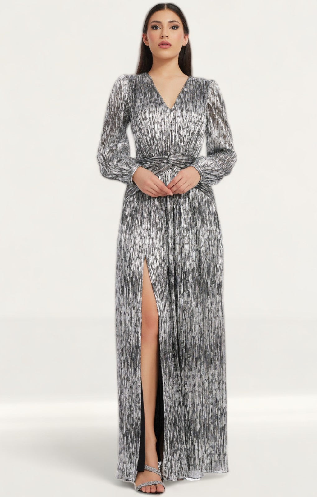 dress the population silver dress Dress the Population Platinum Sequin Harper V-Neck Mermaid Bodycon Gown XL