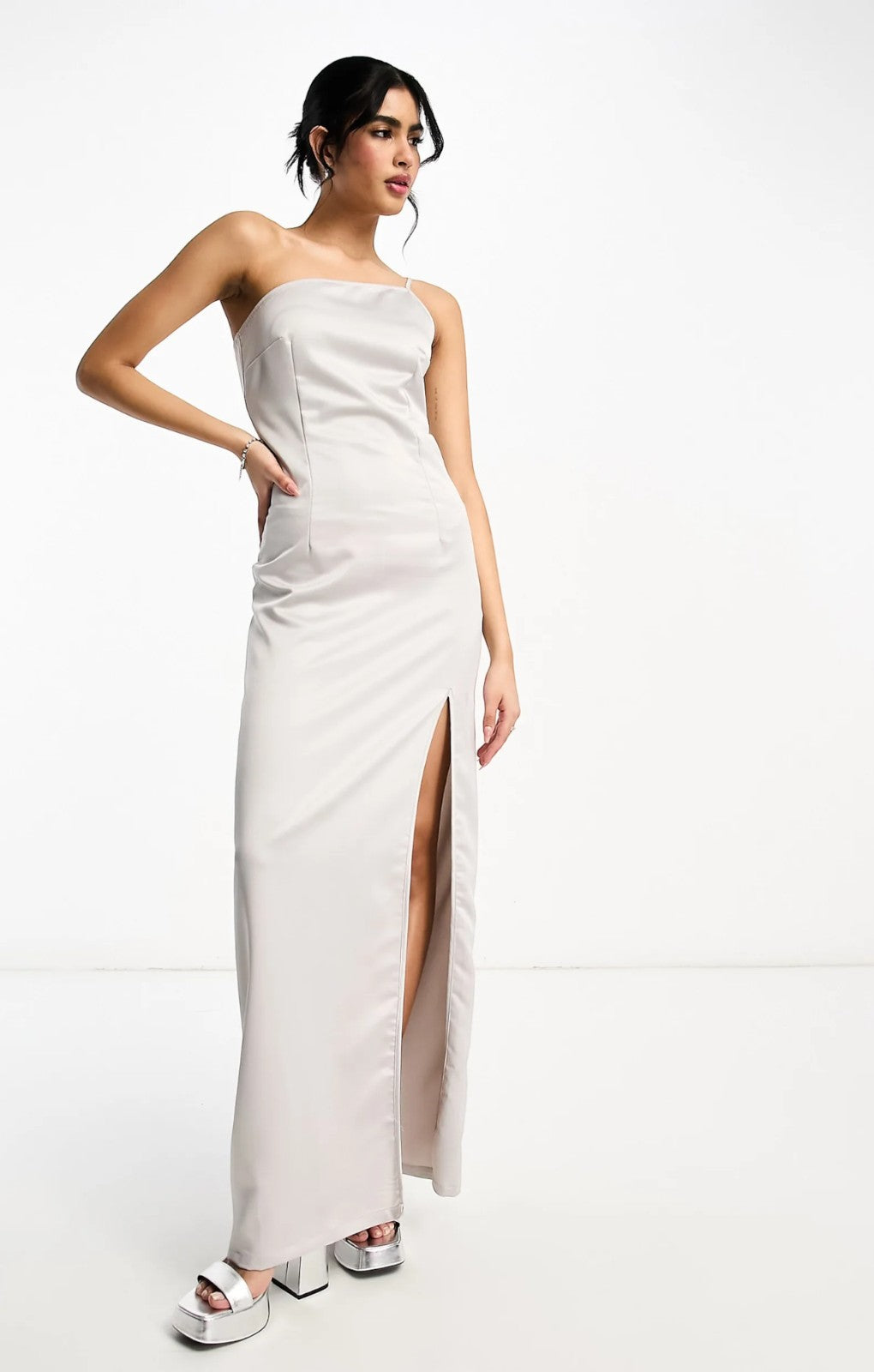 Rent Extro & Vert Tall One Shoulder Maxi Dress With Split In Stone Grey Satin | Hirestreet Rent Extro & Vert Tall One Shoulder Maxi Dress With Split In Stone Grey Satin | Hirestreet