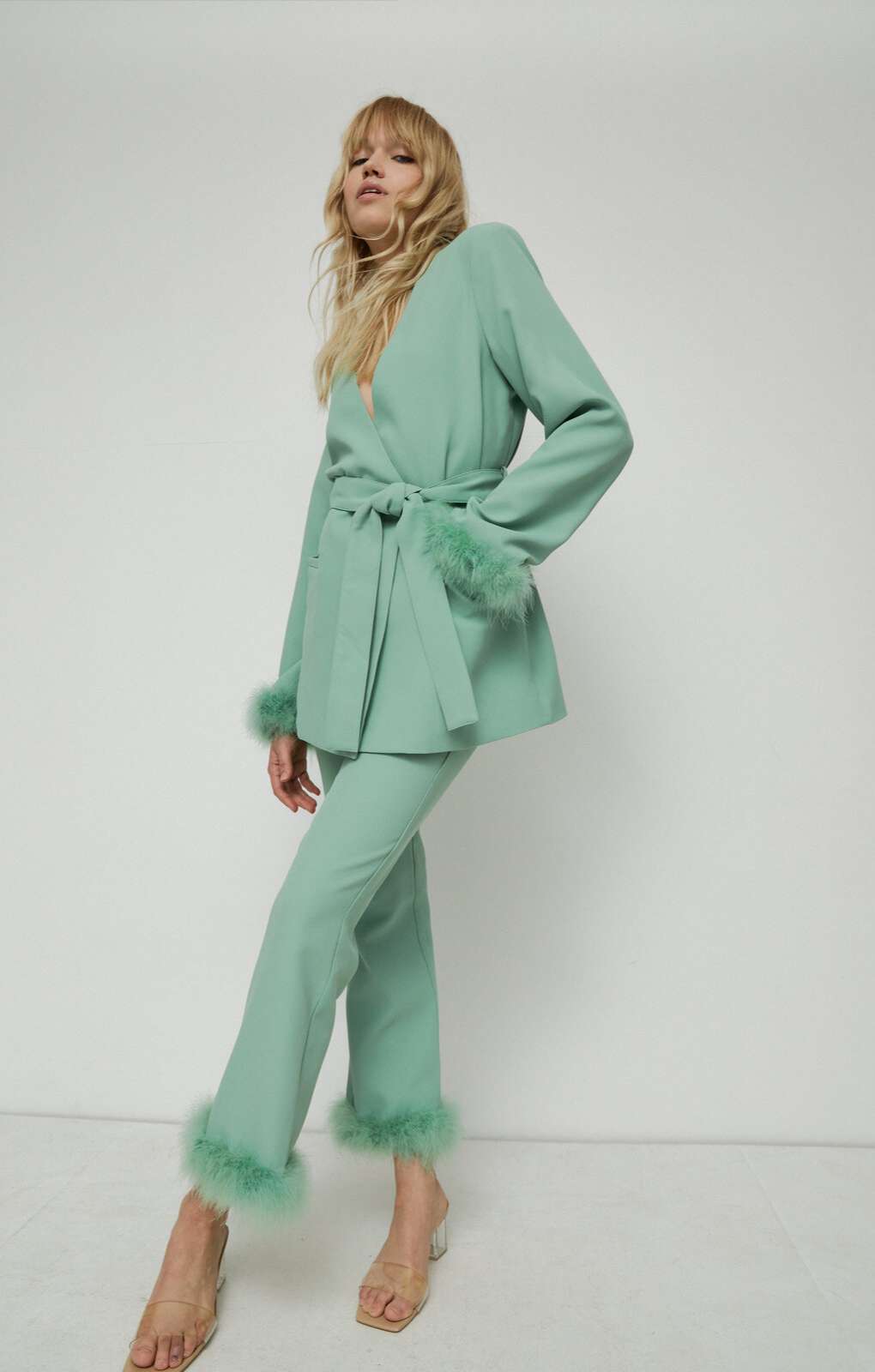 Warehouse Feather Trim Flare Trousers & Jacket product image