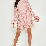 Boohoo Blush High Neck Flared Sleeve Lace Skater Dress