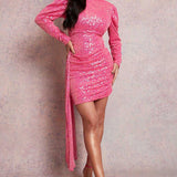 Boohoo Pink Sequin Puff Sleeve Drape Mini Dress product image