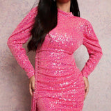 Boohoo Pink Sequin Puff Sleeve Drape Mini Dress product image
