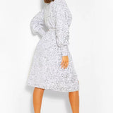 Boohoo Sequin Long Sleeve Tie Waist Midi Party Dress