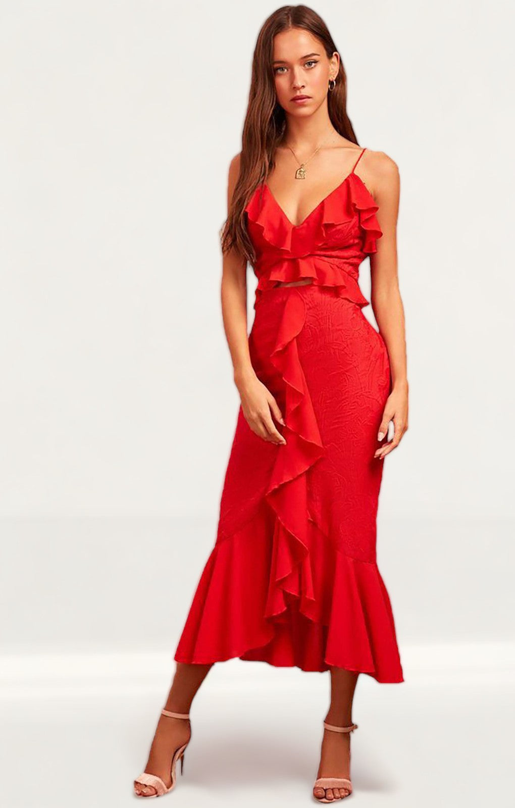 Finders Keepers Red Ruffle Midi Dress