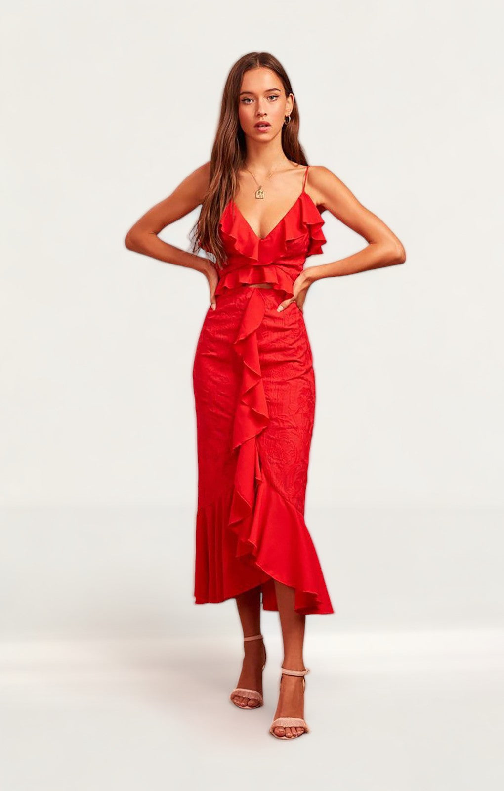 Finders Keepers Red Ruffle Midi Dress