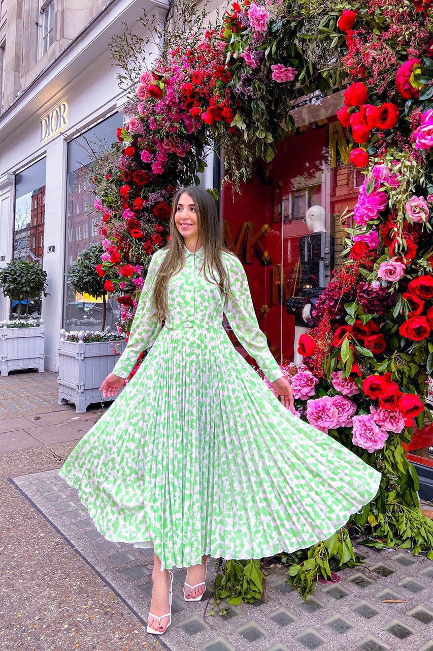 Closet London Lime Green Floral Print Pleated Shirt Dress product image
