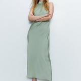 Warehouse Sage Satin Halter Neck Backless Maxi Slip Dress