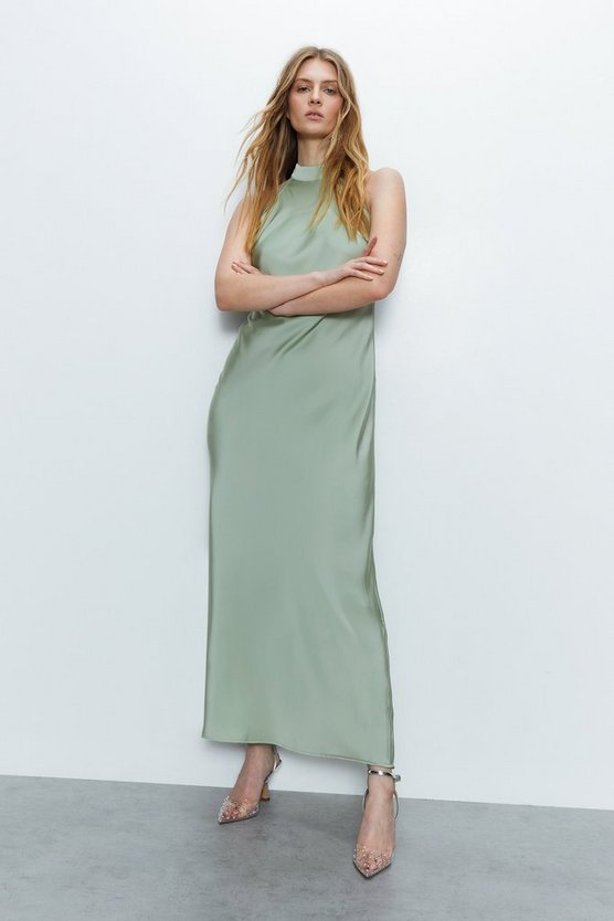 Warehouse Sage Satin Halter Neck Backless Maxi Slip Dress