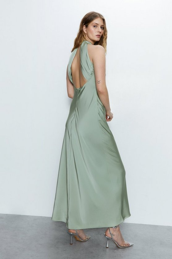 Warehouse Sage Satin Halter Neck Backless Maxi Slip Dress