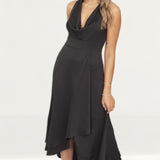 French Connection Black Satin Cowl Neck Midi Dress