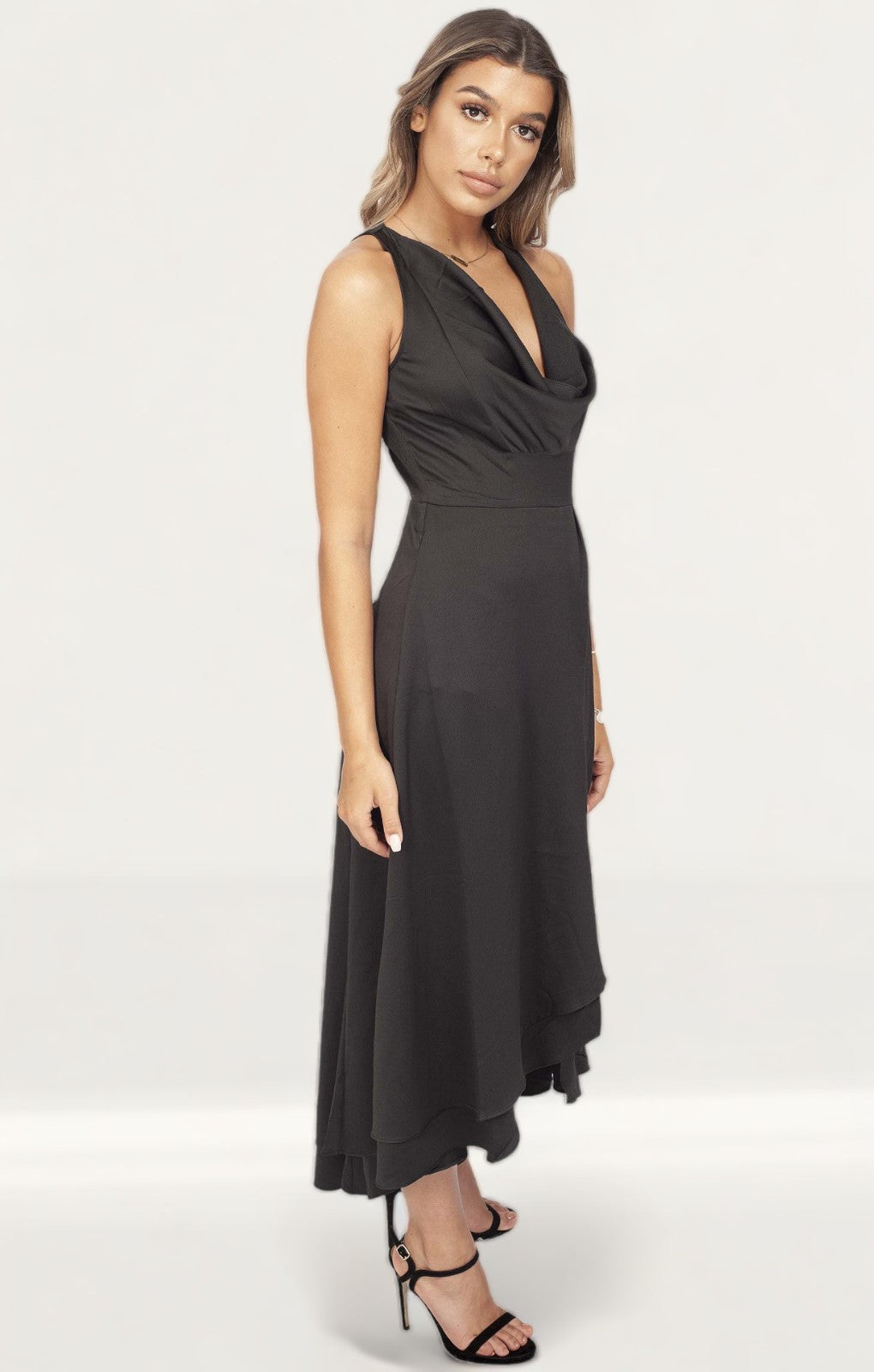 French Connection Black Satin Cowl Neck Midi Dress