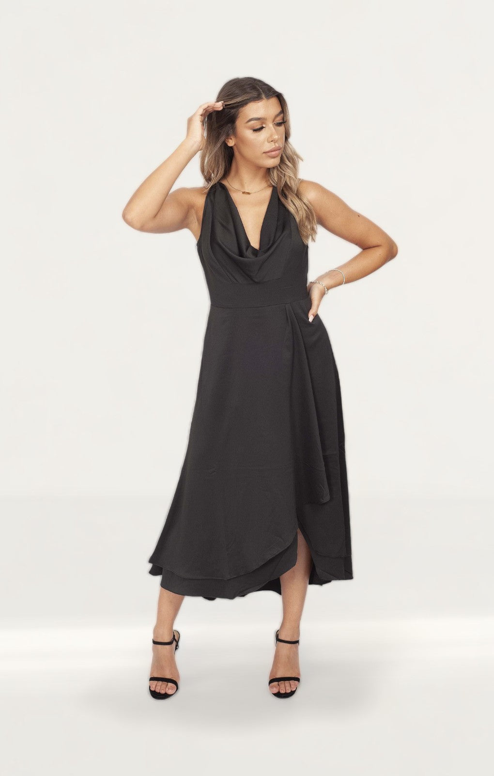 French Connection Black Satin Cowl Neck Midi Dress