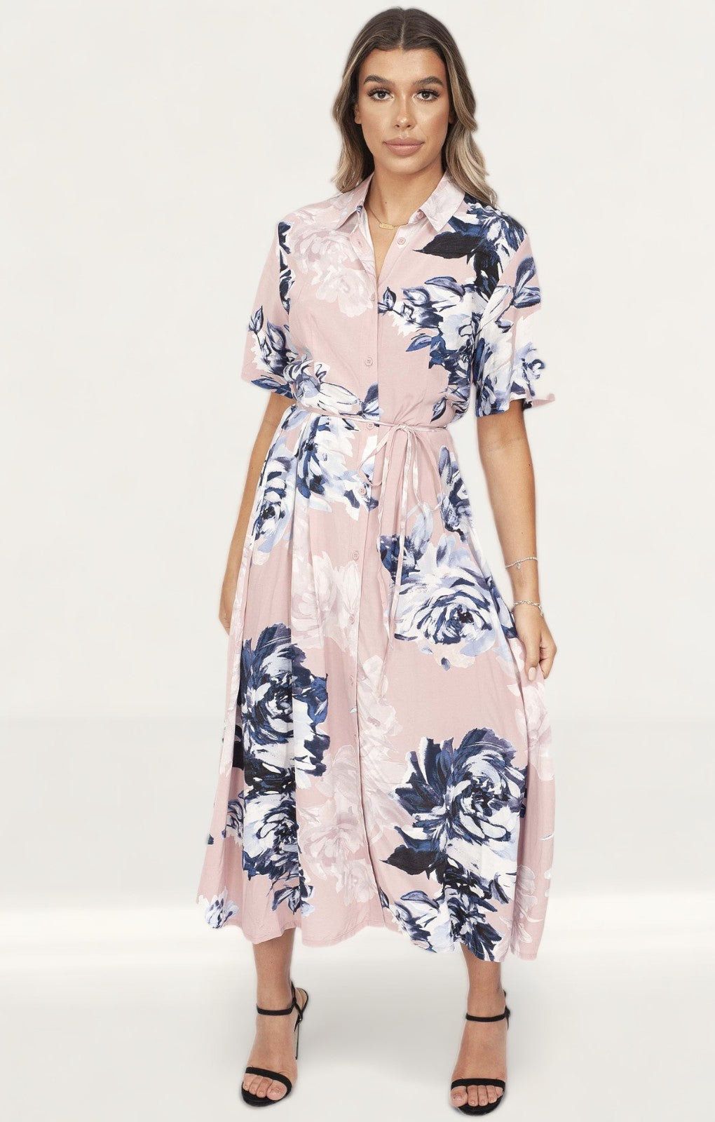 French Connection Pink Floral Maxi Shirt Dress
