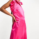 French Connection Satin Mini Dress With Ruffle Detail In Fuchsia Pink