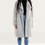 French Connection Stone Grey Banna Faux Fur Long Coat