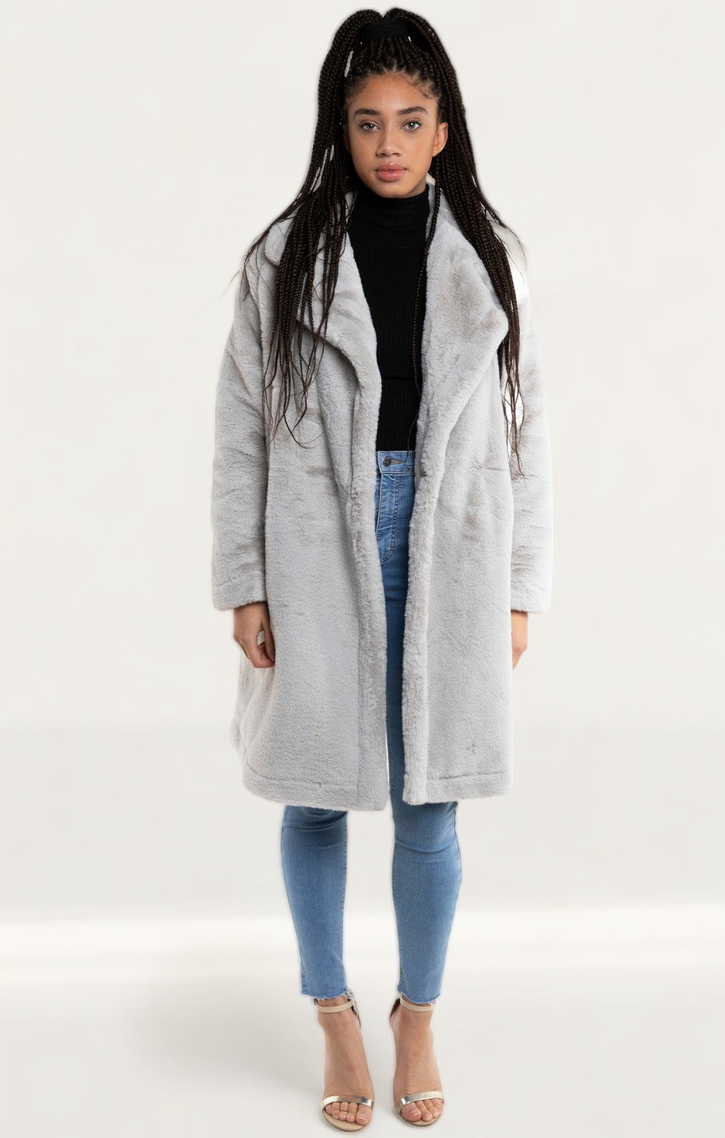 French Connection Stone Grey Banna Faux Fur Long Coat product image