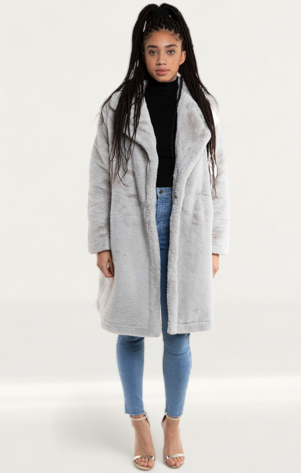 French Connection Stone Grey Banna Faux Fur Long Coat