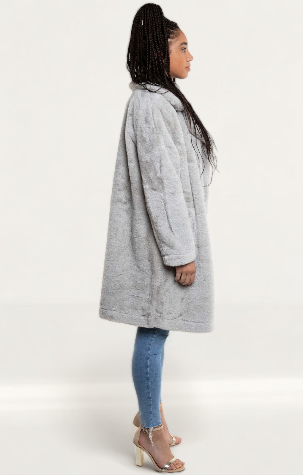 French Connection Stone Grey Banna Faux Fur Long Coat
