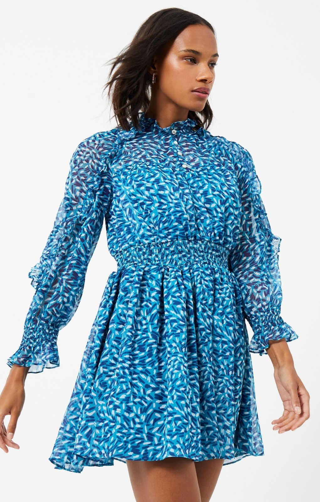 French Connection Hallie Frill Mini Dress in Mosaic Blue