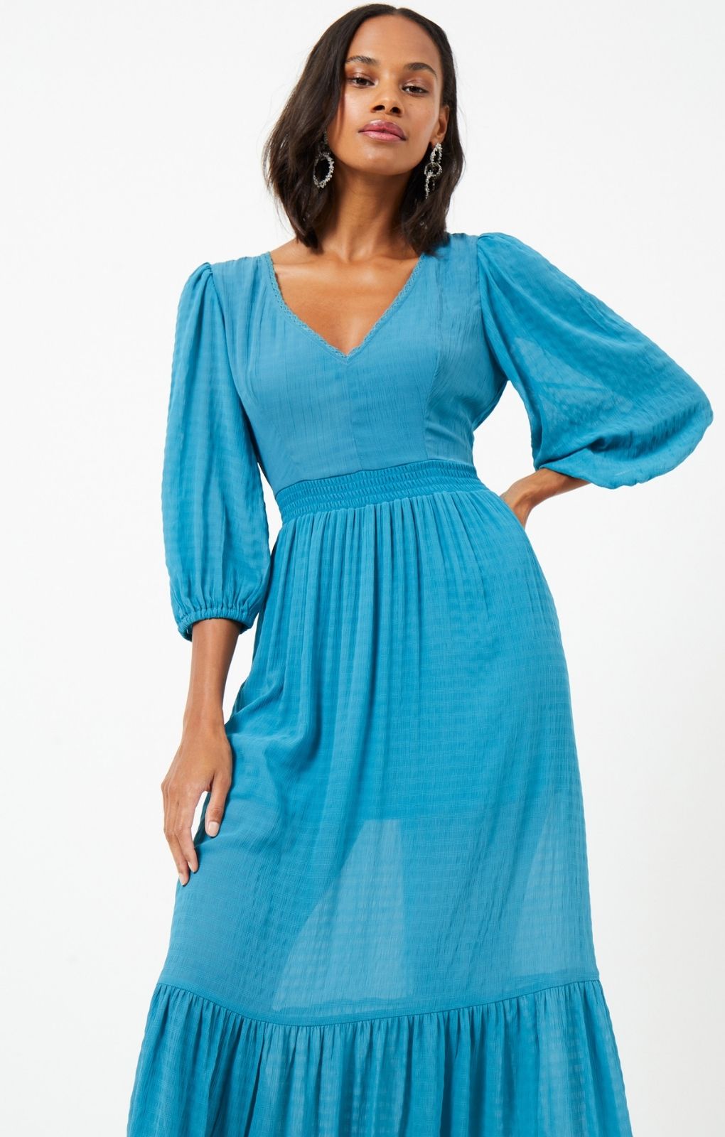 Rent French Connection Cora Tiered Midi Dress in Mosaic Blue