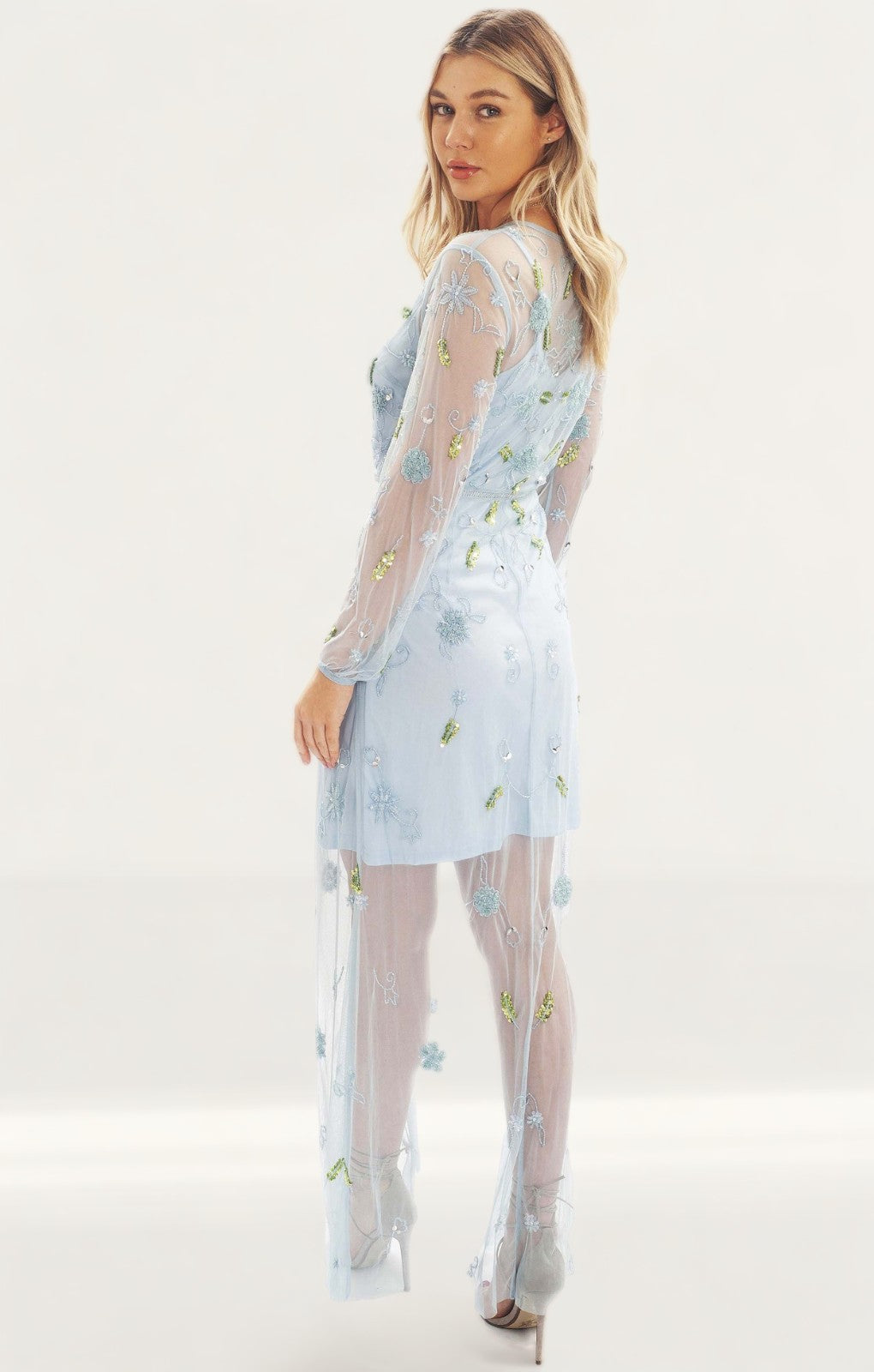 Frock & Frill Blue Embellished Maxi Dress With Sheer Overlay