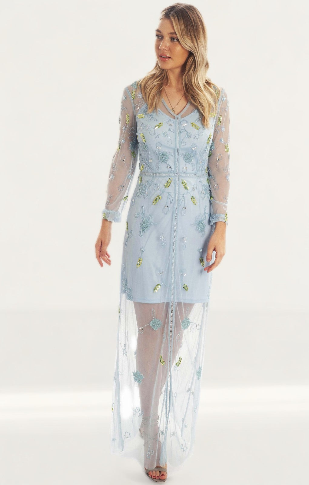Frock & Frill Blue Embellished Maxi Dress With Sheer Overlay