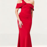 Goddiva Red One Shoulder Knot Maxi Dress