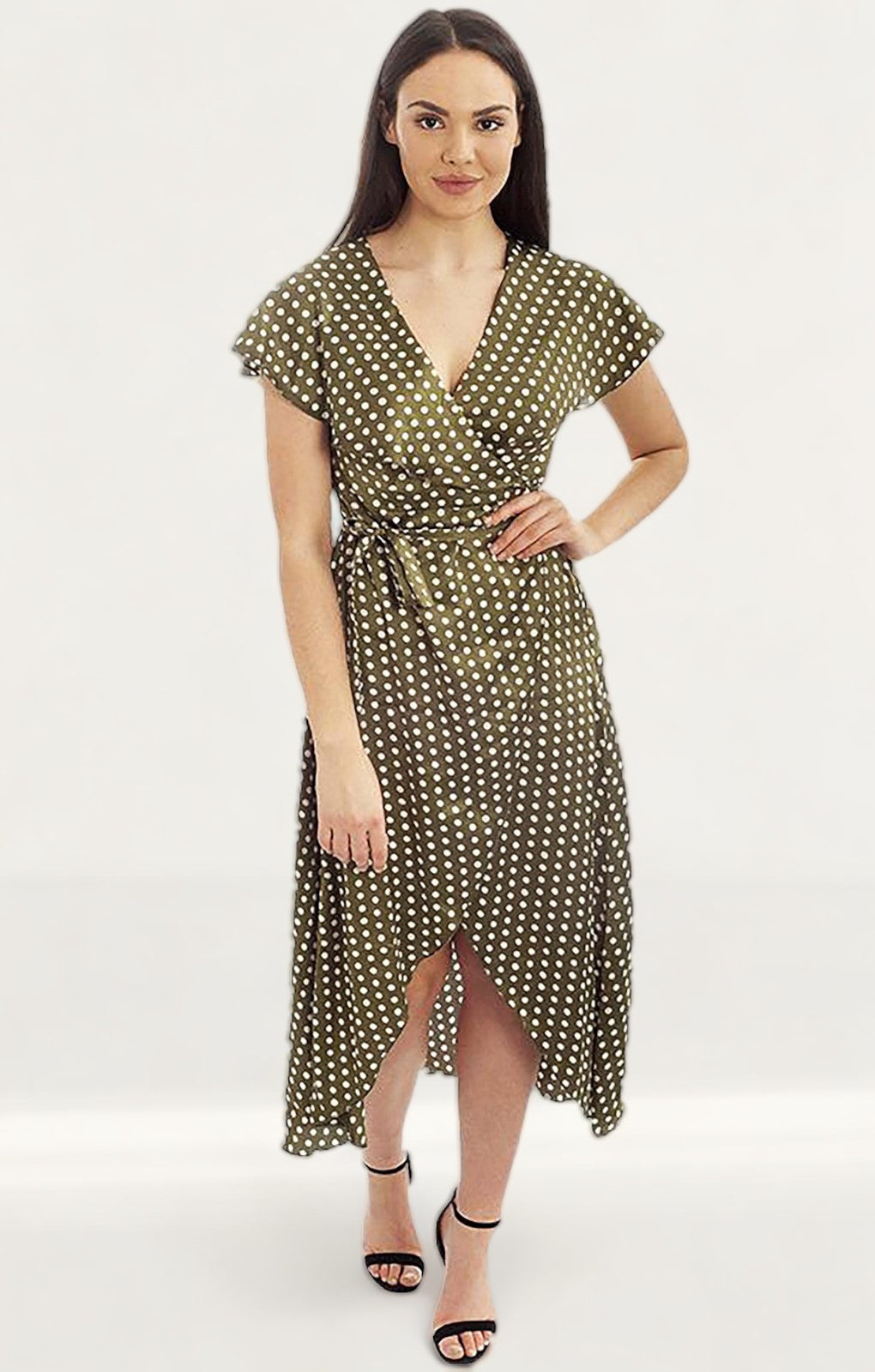 Green Wrap Polka Dot Midi Dress