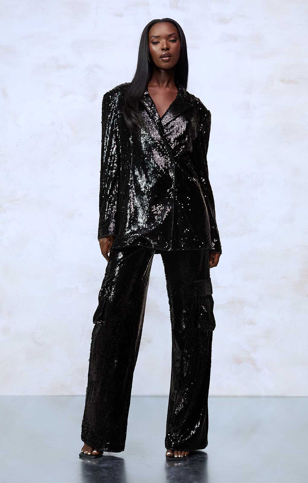 Boohoo Black Sequin Blazer & Wide Leg Co-Ord