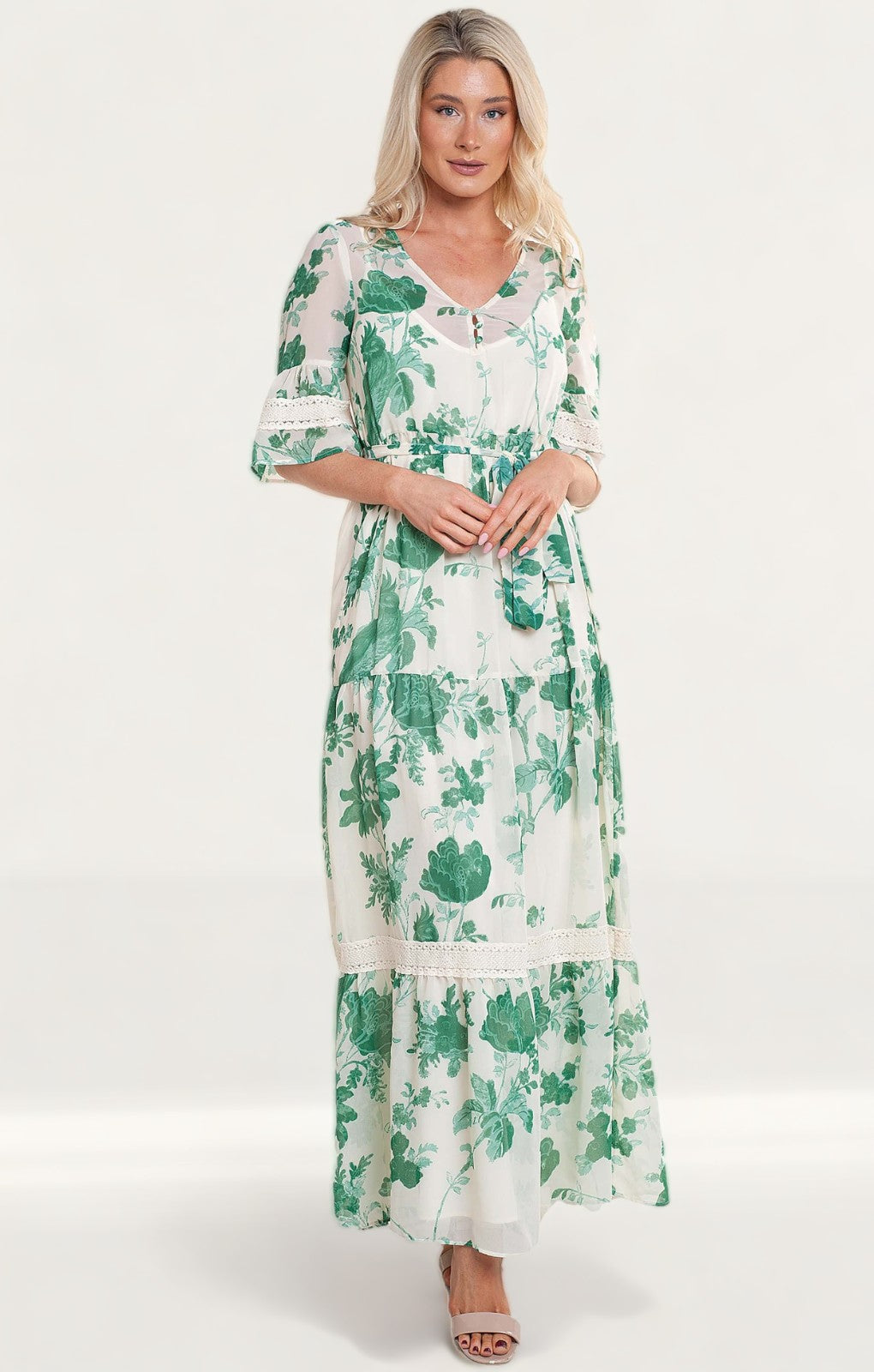 Hope & Ivy Bell Sleeve Maxi Dress With Tie Waist And Floral Print