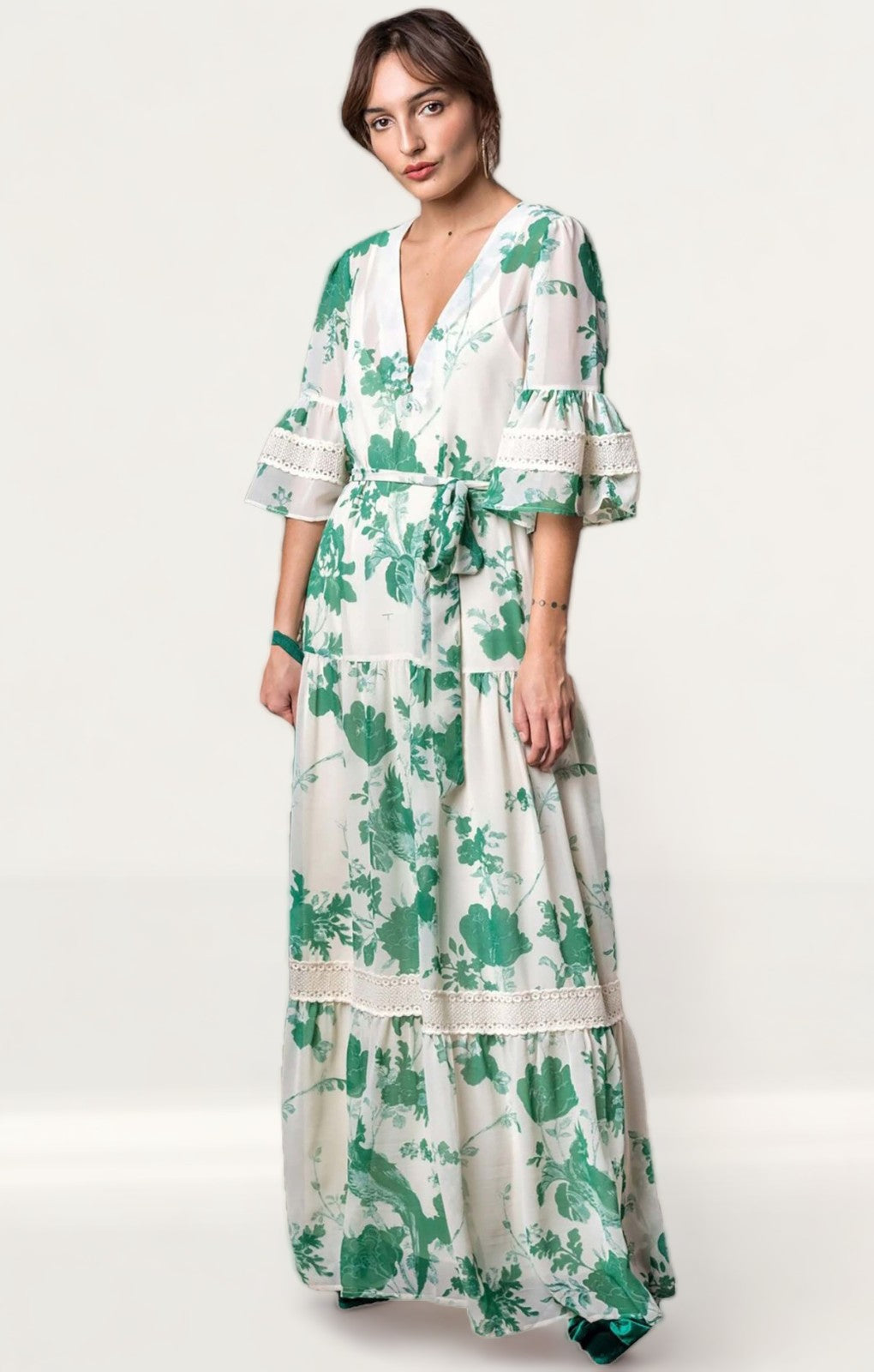 Hope & Ivy Bell Sleeve Maxi Dress With Tie Waist And Floral Print