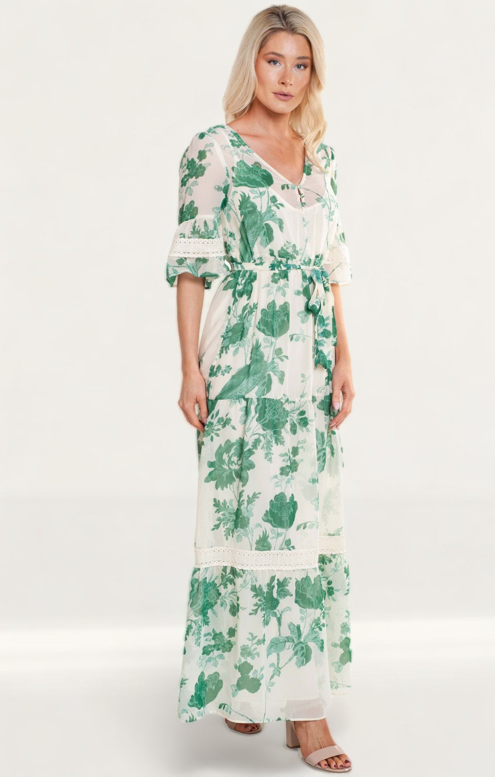 Hope & Ivy Bell Sleeve Maxi Dress With Tie Waist And Floral Print
