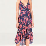 Hope & Ivy Navy Floral Wrap Midi Dress