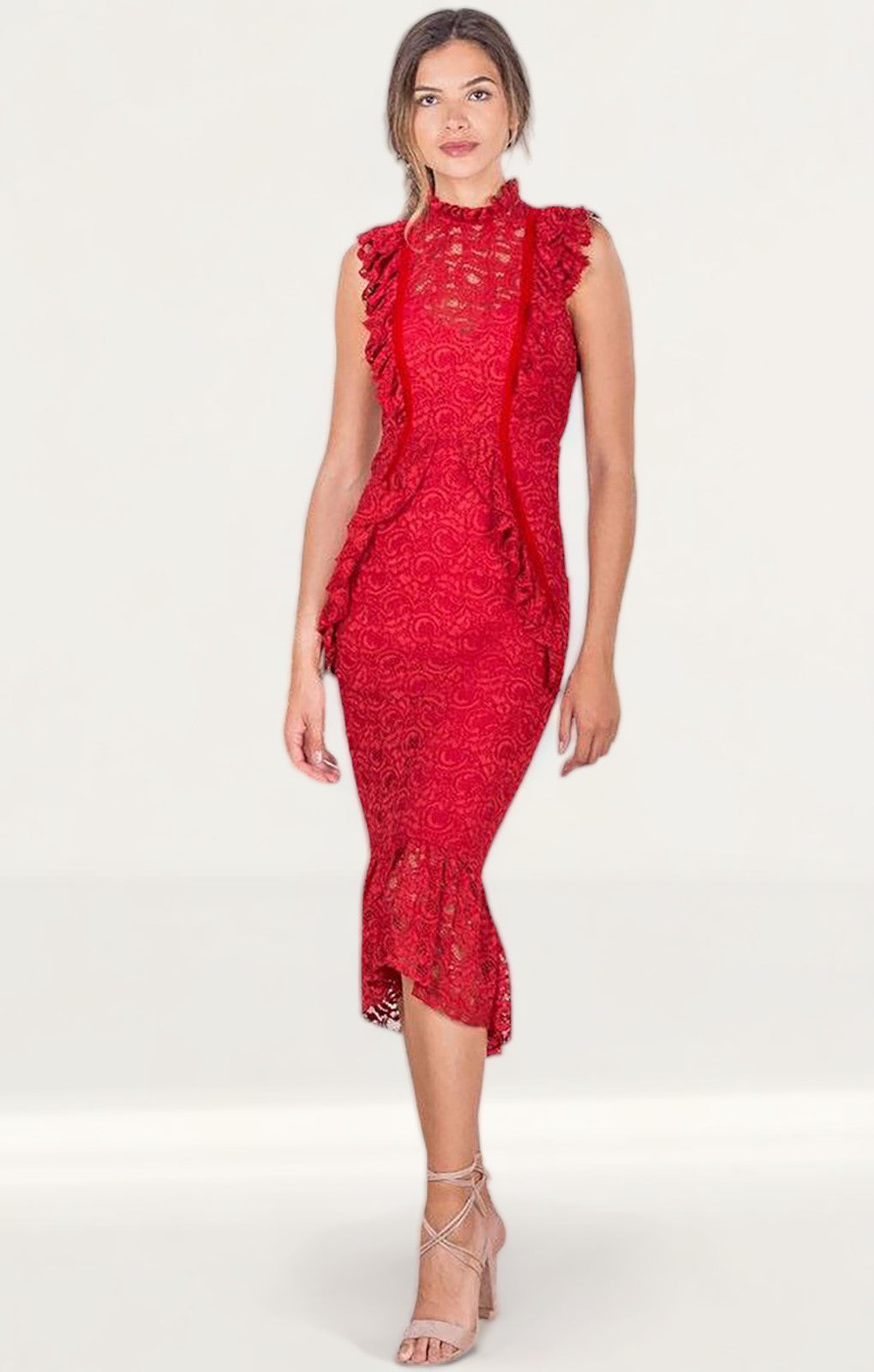 Hope & Ivy Red Ruffle Lace Midi Dress