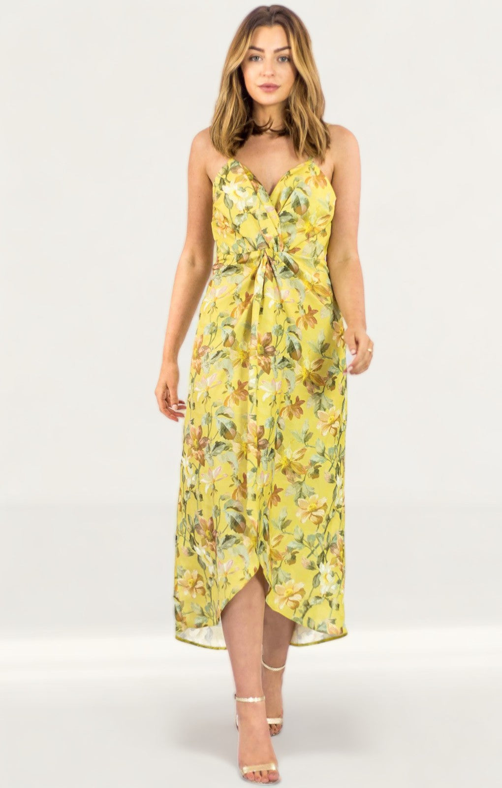 Hope & Ivy Yellow Twist Front Floral Cami Dress