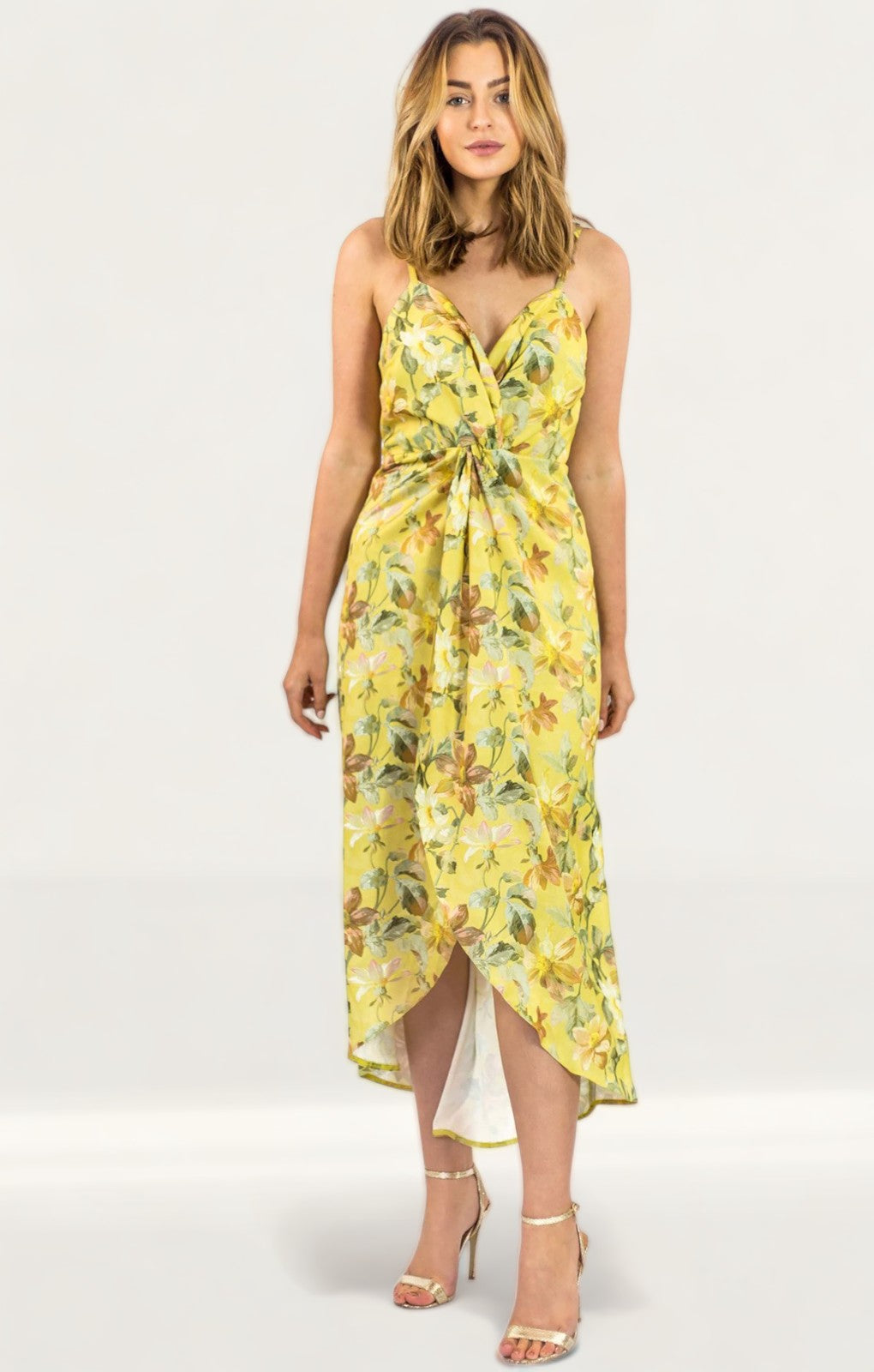 Hope & Ivy Yellow Twist Front Floral Cami Dress