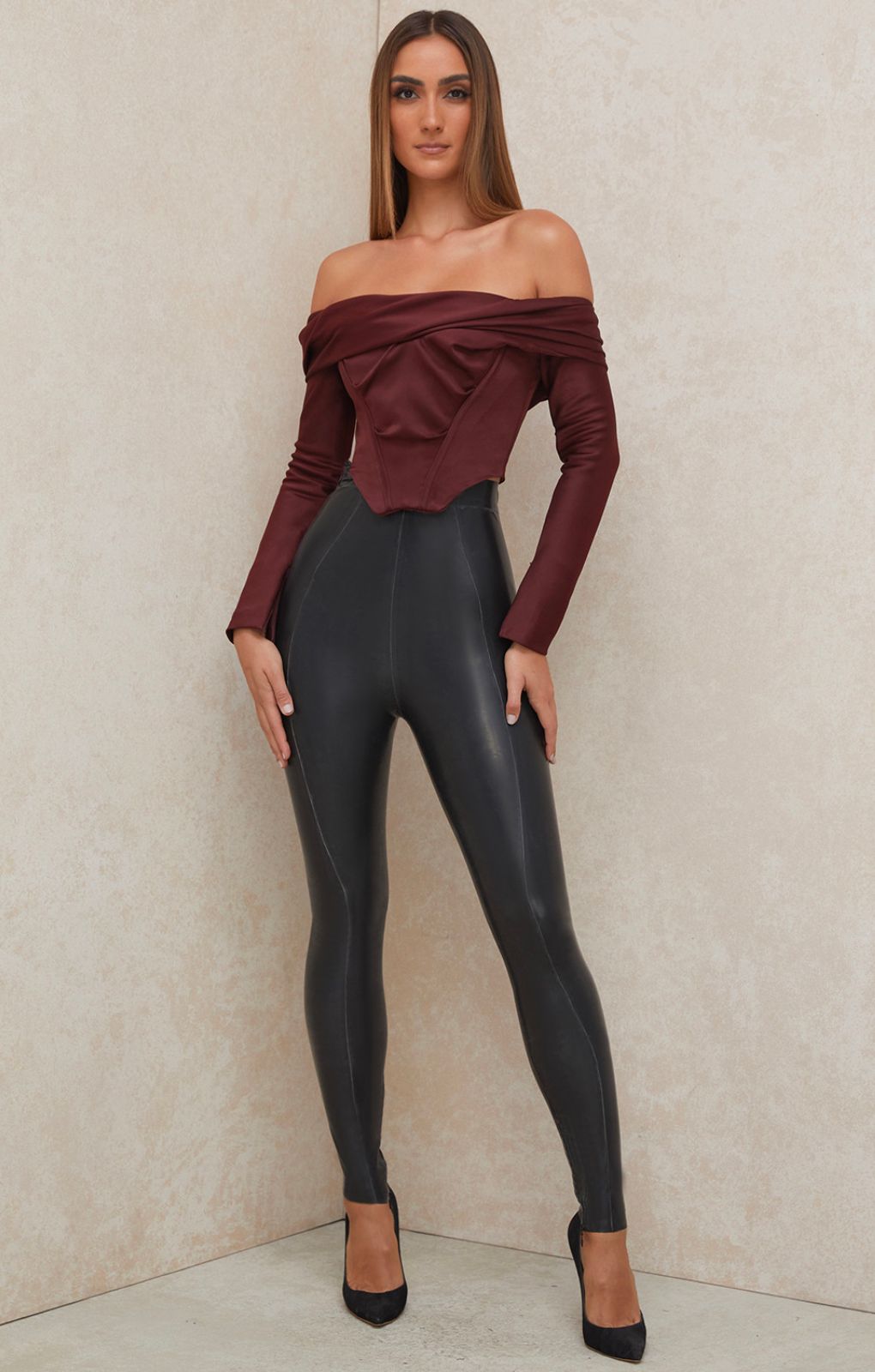 House Of CB Maroon Morgan Satin Draped Corset Top
