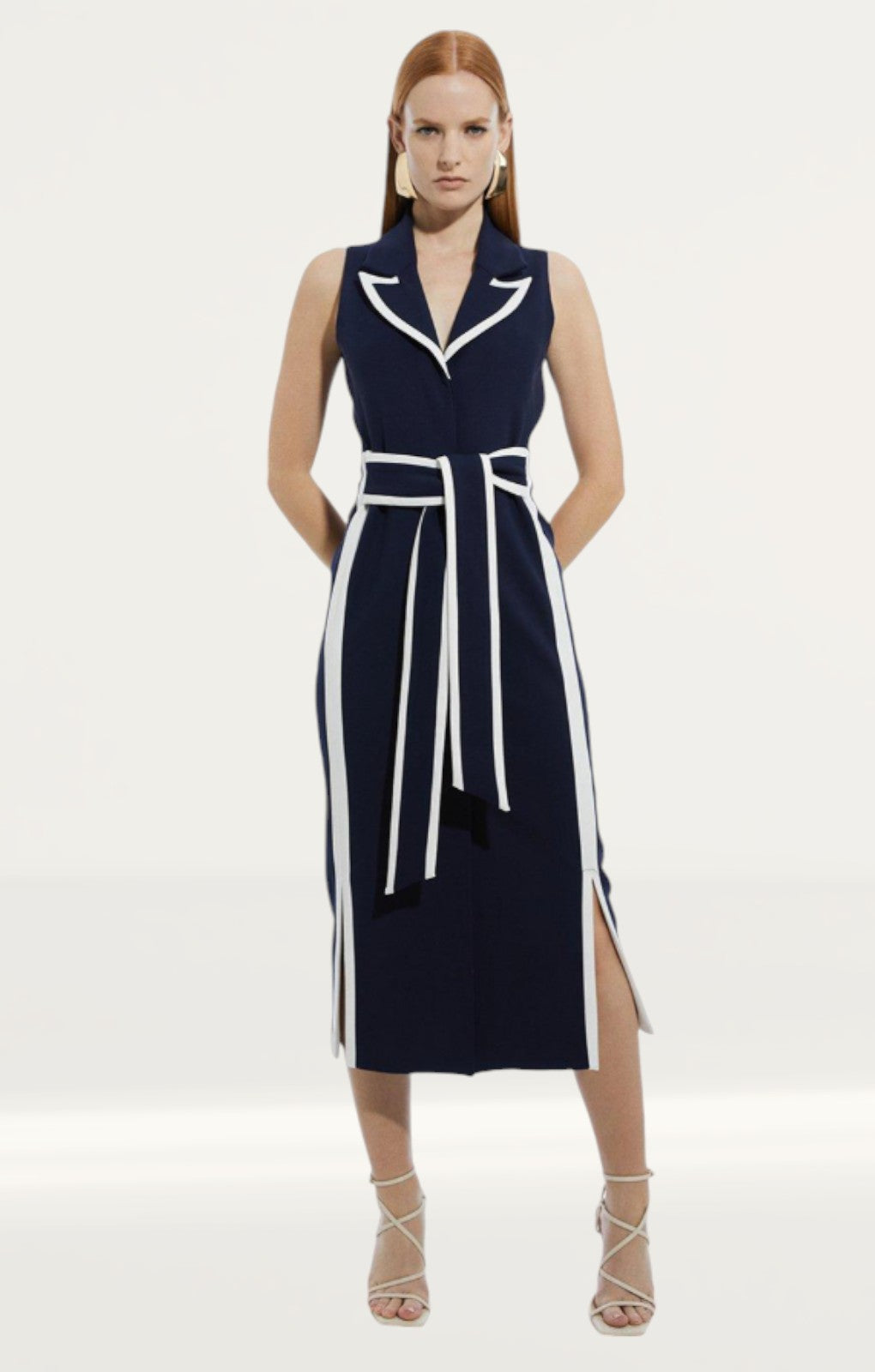 Karen Millen Compact Stretch Contrast Tipped Belted Pencil Midaxi Dress
