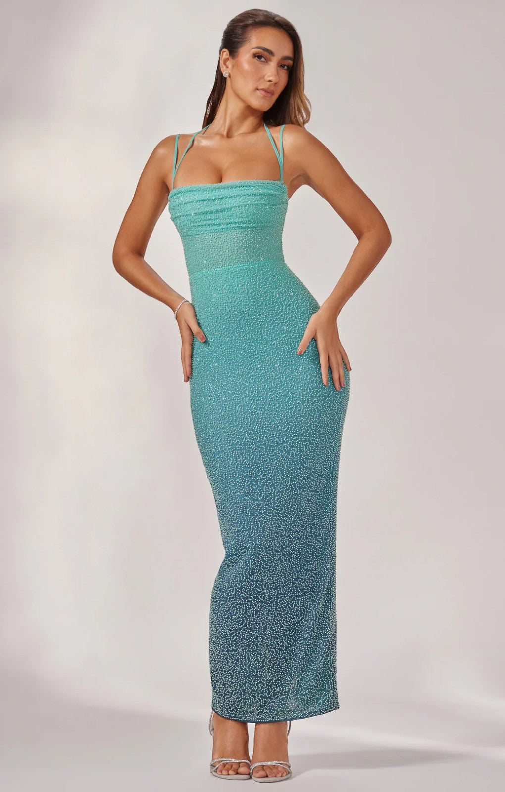 Oh Polly Monte Carlo Embellished Strapless Maxi Dress in Blue Ombré