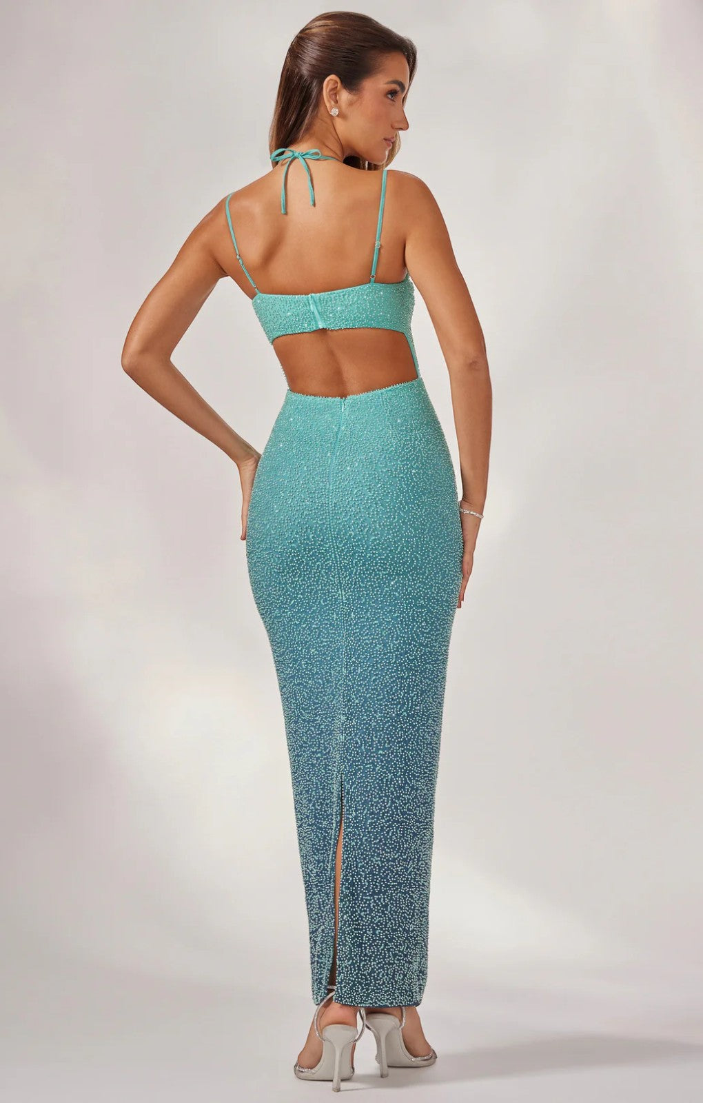 Oh Polly Monte Carlo Embellished Strapless Maxi Dress in Blue Ombré
