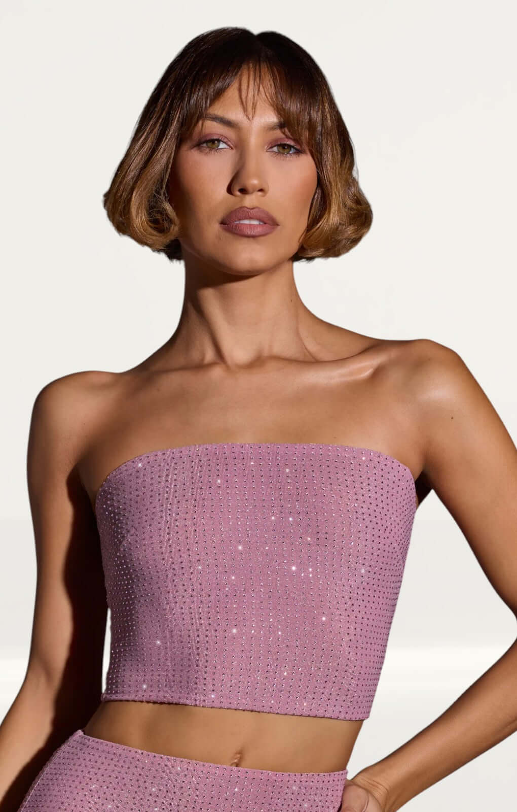 Oh Polly Odetta Embellished Strapless Crop Top in Light Pink