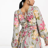In The Style X Georgia Louise Volume Sleeve Lace-Up Back Flippy Playsuit In Grey Floral