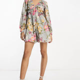 In The Style X Georgia Louise Volume Sleeve Lace-Up Back Flippy Playsuit In Grey Floral