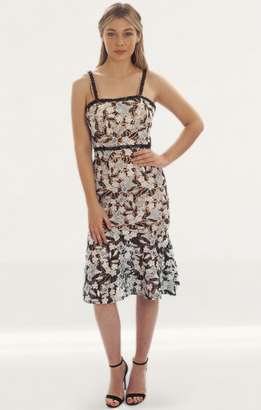 Jarlo Bette All Over Lace Midi Dress With Shoulder Straps