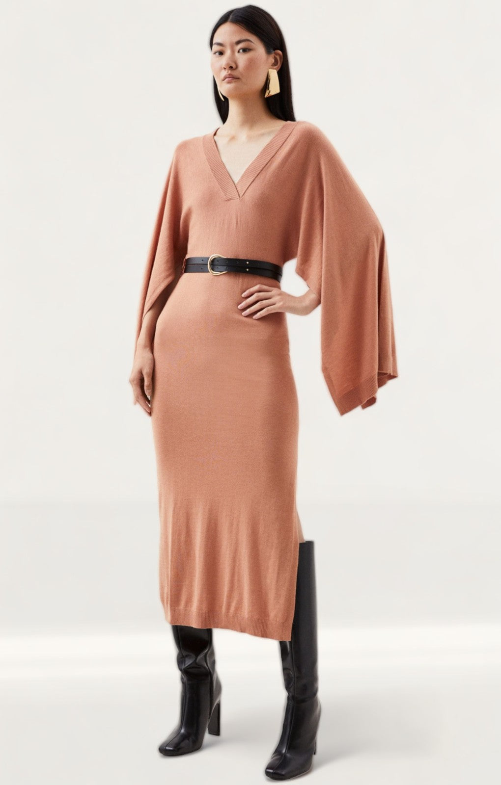 Karen Millen Cashmere Blend V Neck Drama Sleeve Midaxi Knit Dress