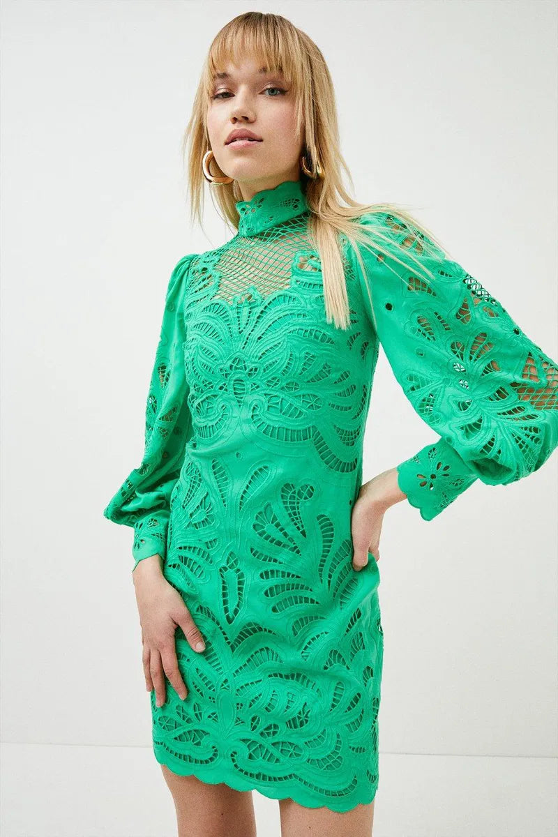 Karen Millen Green Cutwork Volume Sleeve Woven Mini Dress – dresses by Karen Millen, available to rent from Hirestreet