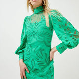Karen Millen Green Cutwork Volume Sleeve Woven Mini Dress – dresses by Karen Millen, available to rent from Hirestreet
