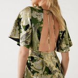 Warehouse Khaki Sparkle Metallic V Neck Floral Midi Dress product image