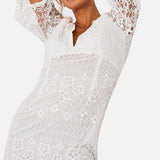 Little Mistress White Ellen Optic White Crochet Lace Midi Pencil Dress