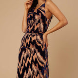 Little Mistress Joey Navy Velvet Burnout Cowl-Neck Midi Dress